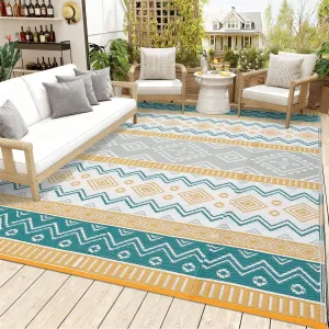 Modern Geometric Outdoor Area Rug - Waterproof, UV Resistant, Lightweight, Easy Clean, Non-Shedding Patio Carpet, 10x14ft, Four Colors: Yellow/Green/Gray/White