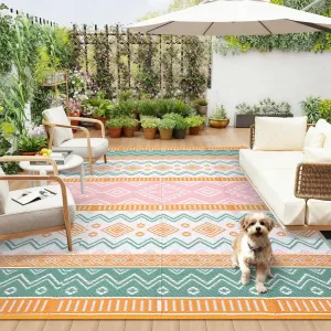 Reversible Outdoor Plastic Straw Rug - Waterproof, UV & Mark Resistant Patio Carpet, Easy Clean, Lightweight, 9x12ft, Four Colors: Yellow/Rose Red/Green/White