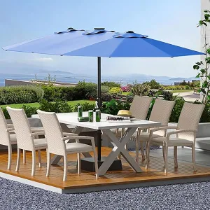 15' Large Patio Umbrella with Base, Outdoor Double-Sided Rectangle Market Umbrella Outside Umbrellas for Poolside Lawn Backyard, Navy Blue