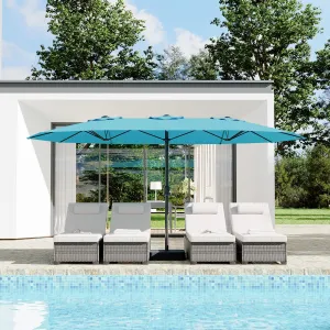 15' Large Patio Umbrella with Base, Outdoor Double-Sided Rectangle Market Umbrella Outside Umbrellas for Poolside Lawn Backyard, Misty Blue