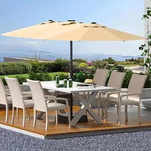 15' Large Patio Umbrella with Base, Outdoor Double-Sided Rectangle Market Umbrella Outside Umbrellas for Poolside Lawn Backyard, Beige