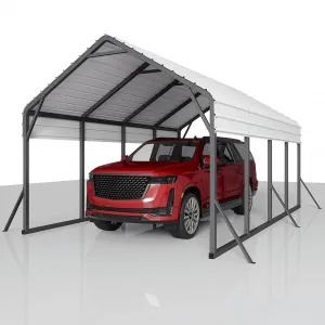 Oversized Metal Carport 13'x21'x11' Steel Heavy Duty, 600 Lbs Weight, 27 Gauge Sheet Metal Roof, Rust-Resistant Coating, All-Weather Shelter for Trucks & Boats