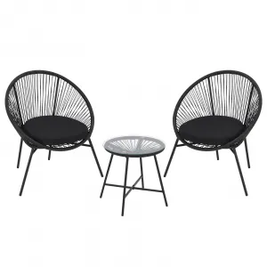 3 PC Acapulco Chair Set, All-Weather Modern Patio Furniture Set with Cushions, Plastic Rope, Glass Top Table and 2 Chairs, Woven Patio Conversation Bistro Set, Black