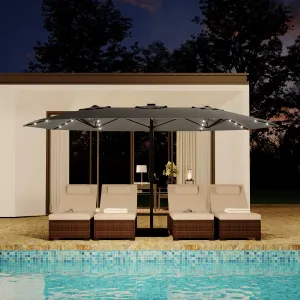 15' Solar-Powered Patio Umbrella with 36 LED Lights, Double-Sided Design & Cross Base for Poolside, Deck, Backyard, Grey