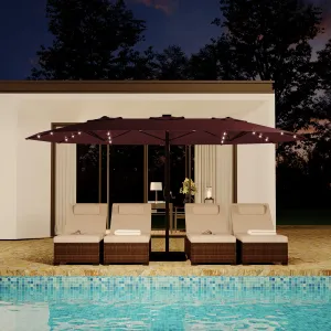 15' Solar-Powered Patio Umbrella with 36 LED Lights, Double-Sided Design & Cross Base for Poolside, Deck, Backyard, Wine Red