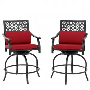 Outdoor Swivel Bar Stools Set of 2 – Bar Height Patio Chairs with Red Cushions, Armrests & Back, Tall Counter Chairs for Backyard