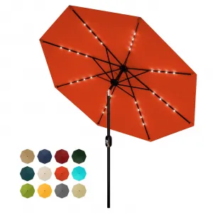 9FT Orange Patio Market Umbrella with 32 Solar Powered LED Lights - 8 Ribs, Tilt & Crank, UV-Resistant, Waterproof - Outdoor Garden, Pool, Deck, Backyard, Table Use