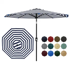 9' Patio Umbrella with Crank Lift & Push Button Tilt, Table Umbrella Outdoor Patio 8 Sturdy Ribs for Yard, Deck, Pool, Blue & White Stripe