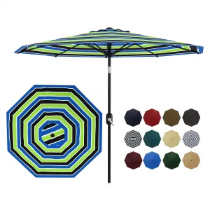 9' Patio Umbrella with Crank Lift & Push Button Tilt - 8 Sturdy Ribs Outdoor Table Umbrella for Yard, Deck & Pool, Tricolor Stripe