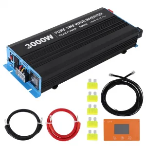 3000W Pure Sine Wave Inverter With USB Port And Remote Controller For Home RV Truck 24V To 120V AC, Black