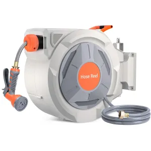 Retractable Garden Hose Reel, 5/8 In x 65 Ft With 9 Function Sprayer Nozzle, Any Length Lock, Automatic Rewind and Slow Return System, Wall Mounted and 180 Deg Swivel Bracket