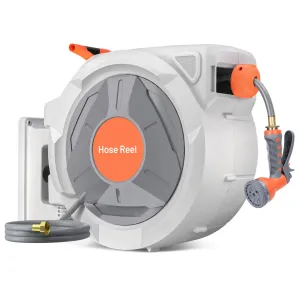 Retractable Garden Hose Reel, 5/8 In x 100 Ft With 9 Function Sprayer Nozzle, Any Length Lock, Automatic Rewind and Slow Return System, Wall Mounted and 180 Deg Swivel Bracket