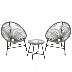 3 Piece Patio Furniture Set Acapulco Chairs Woven Rope Chairs and Glass Top Table for Outdoor Patio Conversation Bistro Sets All Weather for Yard Balcony Poolside, Grey