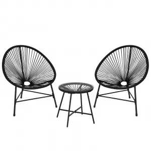 3 Piece Patio Furniture Set Acapulco Chairs Woven Rope Chairs and Glass Top Table for Outdoor Patio Conversation Bistro Sets All Weather for Yard Balcony Poolside, Black