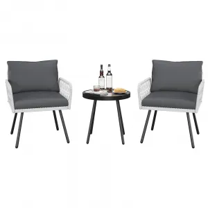 3-Piece Outdoor Patio Bistro Set with All-Weather Rattan, Metal Frame, Cushions, Compact Design, White & Black, Balcony & Poolside