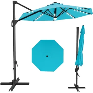 10FT Outdoor Cantilever Umbrella Patio Umbrella Solar LED with Base Included, 360-Degree Rotation