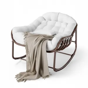 Papasan Rocking Chair Oversized Wicker Lounge with Cushion , Weather-Resistant Metal Frame Ergonomic Sway Reinforced Steel Frame for Indoor, Outdoor Balcony, Backyard, White