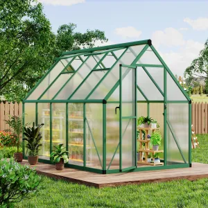 Heavy Duty 6x9 FT Polycarbonate Walk-In Greenhouse - Aluminum Frame, Lockable Door, Roof Vent, Ground Stakes, Easy Setup for Garden, Lawn, Green