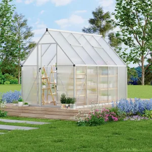 Heavy Duty 6x9 FT Aluminum Polycarbonate Walk-In Greenhouse - Double Swing Doors, Roof Vent, Rain Gutter, High Wind Resistant, Quick Setup, for Outdoor Garden, Silver