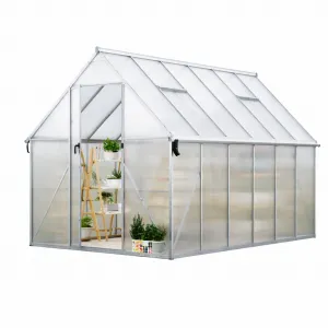 Heavy Duty 8x12 FT Polycarbonate Walk-In Greenhouse – Reinforced Aluminum Frame, Double Swing Doors, Roof Ventilation, Rain Gutter, Large Outdoor Gardening Space – Silver