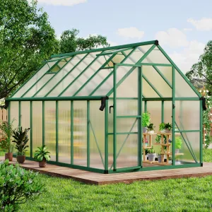 Spacious 8x14 FT Polycarbonate Greenhouse for Backyard – Large Aluminum Walk-In Grow Tent, Roof Vent, Ground Stakes, Lockable Push Door, For Garden Plants, Color: Green