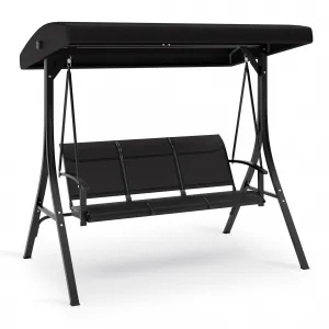 3-Seat Outdoor Patio Swing with Adjustable Tilt Canopy - Steel Frame Black Porch Swing Chair for Backyard, Poolside, Garden, Black