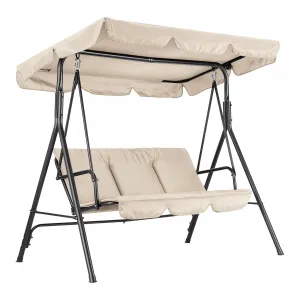 3-Seat Outdoor Swing Chair – Heavy-Duty Steel Frame, Adjustable Waterproof Canopy, Thick Cushions, Comfortable Patio Glider Bench for Garden, Backyard, or Lawn, Khaki-z1