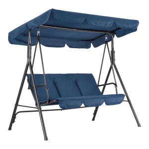 3-Seat Outdoor Swing Chair – Heavy-Duty Steel Frame, Adjustable Waterproof Canopy, Cozy Cushions, Comfortable Patio Glider Bench for Garden, Backyard, or Lawn, Blue