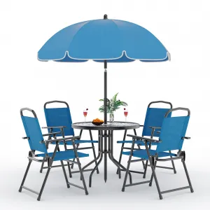 6-Piece Outdoor Dining Set with Umbrella, Tempered Glass Table, Folding Chairs, Breathable Fabric, Steel Frame, Patio Garden