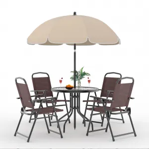 6-Piece Outdoor Dining Set with Umbrella, Tempered Glass Table, Folding Chairs, Breathable Fabric, Steel Frame, Patio Garden