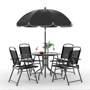 Patio Dining Set for 4 with Umbrella, Tempered Glass Table, Folding Chairs, Breathable Fabric, Steel Frame, Outdoor Garden Use