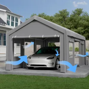 Carport Sidewall Replacement 1020-1320-180G Waterproof UV Protected Heavy Duty 180gsm PE Material Roll-Up Doors Mesh Windows Gray Garage Shelter