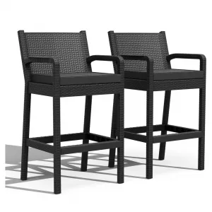 Outdoor Bar Stools Set of 2, Wicker Bar Height Patio Chairs with Cushions, Wicker Barstools Indoor Outdoor Bar Stool Patio Furniture for Backyard, Garden, Pool, Balcony and Deck, Black