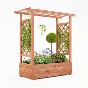 Raised Garden Bed with Trellis Wood Planter Box, Hanging Roof, 4 Drainage Holes, Waterproof, Freestanding, Indoor/Outdoor Garden