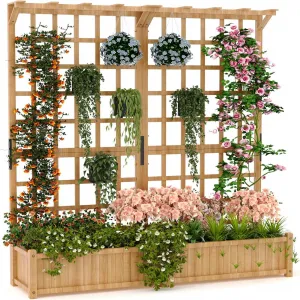 Two-Tier Wooden Planter Box with Trellis for Outdoor Gardens, Elevated Raised Bed for Flowers and Vegetables, 1.4Ft Deep Planter with Hanging Roof & Drainage Holes