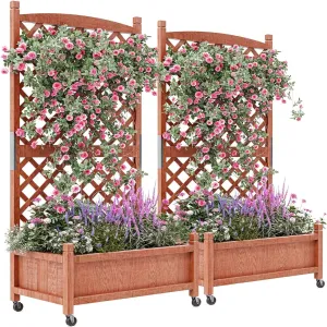 2 PC 29.5" X 13" X 60" Wood Planter Box With Trellis For Planter & Flower, Raised Garden Bed With Wheels, Standing Vertical Horticulture Trellis Planter With Drainage Holes for Patio Garden