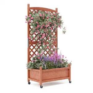 29.5"x13"x60" Wood Planter Box with Trellis - Raised Garden Bed with Wheels, Vertical Standing Planter with Drainage Holes for Patio Garden