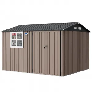 8x10 ft Heavy-Duty Metal Storage Shed with Lockable Door & Windows - Galvanized Steel Outdoor Utility Shed with Sloped Roof for Backyard, Garden, Garage, and Patio, Brown