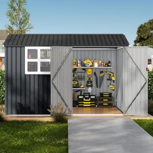 8x10 ft Outdoor Metal Storage Shed with Lockable Doors, Windows, Galvanized Steel, Sloped Roof, Ventilation, Dark Gray, Backyard Garden Patio
