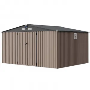 10x12FT Outdoor Storage Shed Metal Tool Shed with Sloped Roof, Solar Light, Galvanized Steel, Lockable Doors, Windows, Warm Gray, Garden Patio