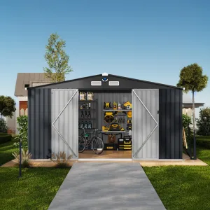 10x12 ft Outdoor Storage Shed, Metal Garden Tool Shed with Updated Frame Structure, Lockable Doors and Windows, Ideal for Backyard Garden Patio Lawn , Dark Gray