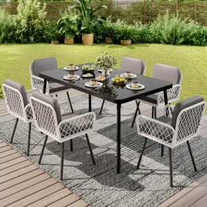 Outdoor Dining Set, 59" Black Metal Table with Tempered Glass Top & 6 Wicker Chairs, Patio Table and Chairs Set with Gray Cushions for Garden, Poolside