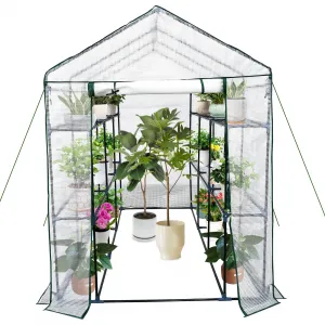 Large Walk-In Outdoor Greenhouse – 9 Shelves, Heavy-Duty Steel Frame, Roll-Up Zippered Door, Anchors & Ropes, Portable Plant House – Perfect for Garden, Patio, Backyard – White, 143×215×195cm