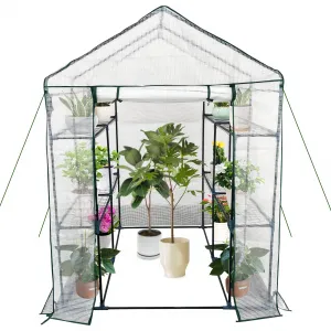 Spacious Walk-In Greenhouse for Outdoor Gardening – 6 Shelves, Sturdy Steel Frame, Roll-Up Zippered Door, Anchors & Ropes, Portable Plant House – Ideal for Patio, Backyard, Garden – White, 143×143×195cm
