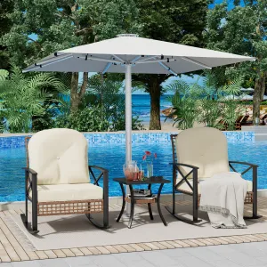 3 Piece Rattan Rocking Bistro Set, Patio Furniture with 2 Cushioned Rocker Chairs and a 2-Tier Coffee Table, Outdoor Conversation Set for Garden, Porch, Backyard