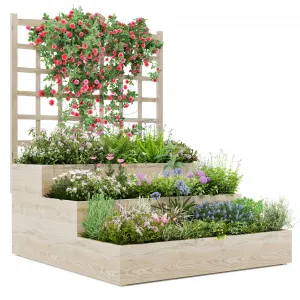 Vertical Wooden Garden Planter with Trellis, 3-Tier Raised Bed, Open-Base Drainage, Fir Wood, Modular Setup, Patio & Backyard