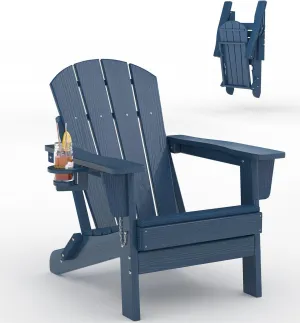 Folding Adirondack Chair HDPE Wood-Grain Cup Holder Foldable Sturdy 380lbs Navy Blue for Patios Decks Fire Pits