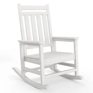 Adirondack Outdoor Rocking Chair HDPE Plastic Weatherproof Smooth Rocking Wide Armrests Easy Assembly White Porch Deck Lawn
