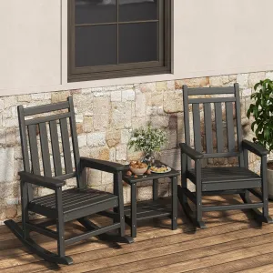HDPE Rocking Chair Set of 2 with Side Table - High Back Porch Rockers - All Weather Resistant Poly Lumber - Wide Backrest & Ergonomic - Black - Patio & Garden