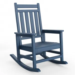 Adirondack Outdoor Rocking Chair HDPE Plastic Weatherproof Smooth Rocking Ergonomic Design Wide Armrests Navy Blue Porch Deck Lawn
